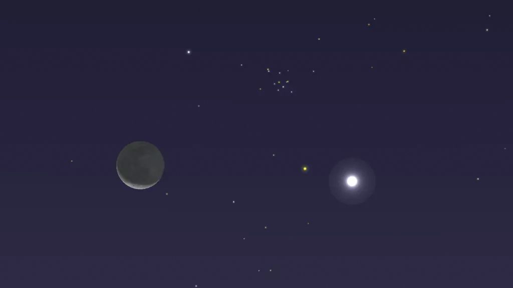 See the moon, Venus and the Beehive star cluster in the early morning sky on Sept. 14, 2020.