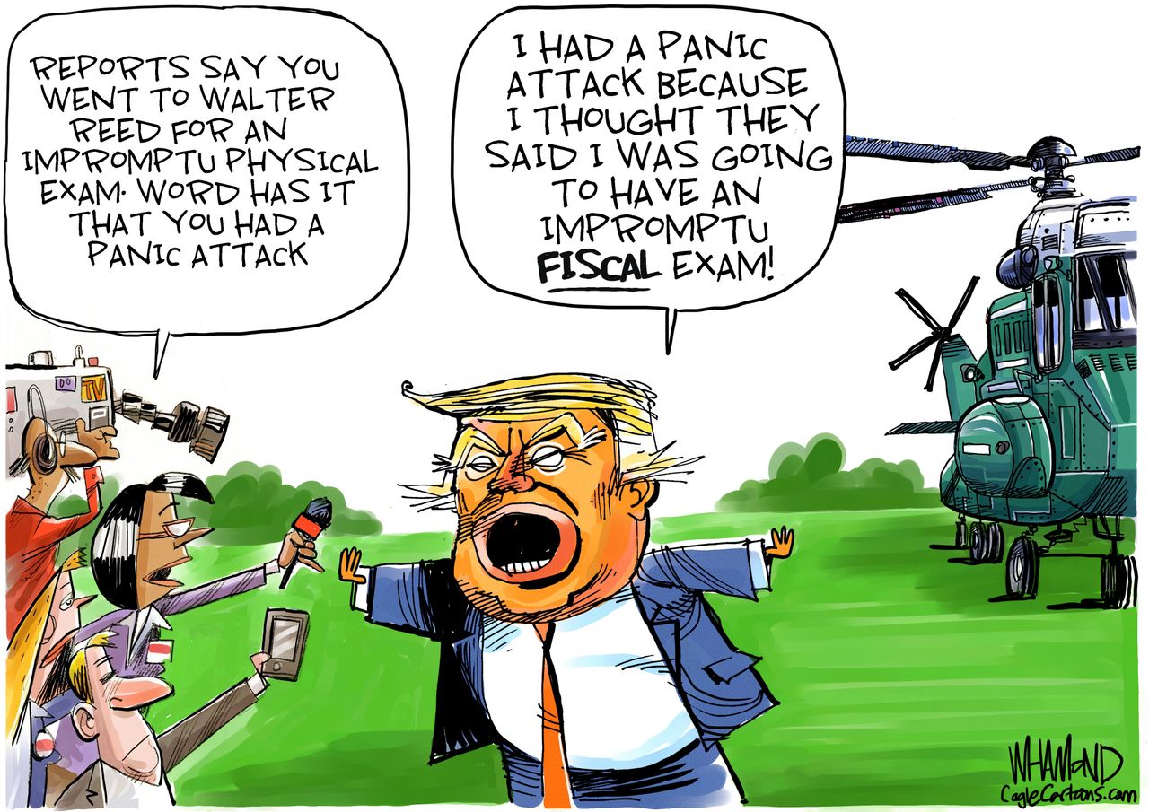 Political Cartoon U.S. Trump Physical Exam Panic Attack