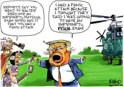 Political Cartoon U.S. Trump Physical Exam Panic Attack