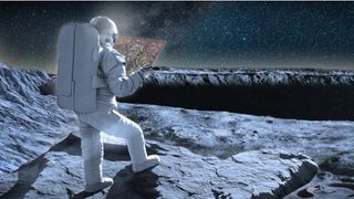 NASA Space Technology An astronaut in white spacesuit with large white backpack holds a map while standing on the moon.