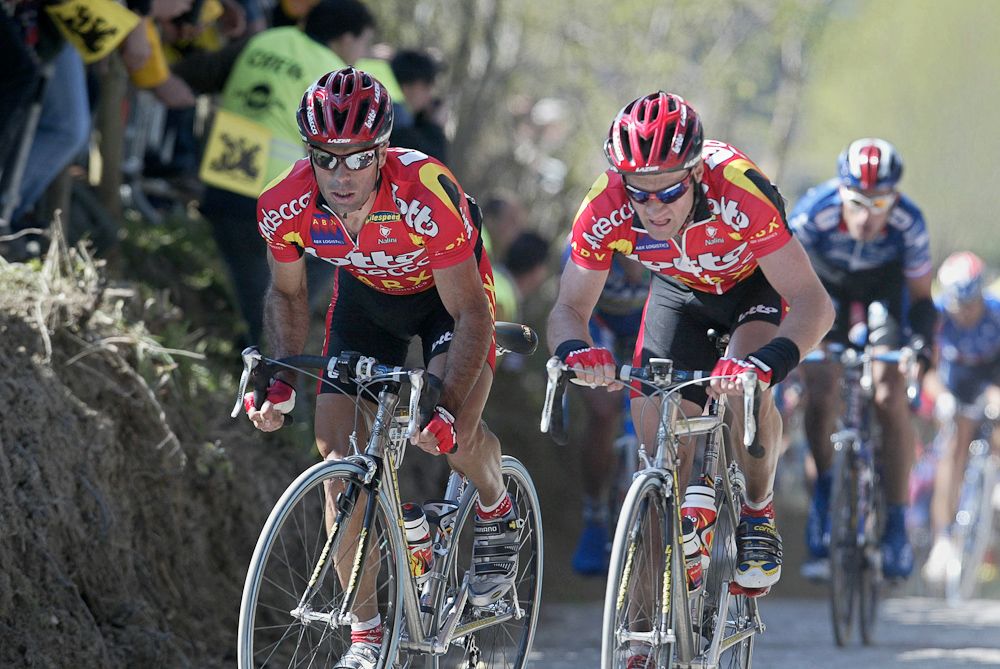 Peter van Petegem and Serge Baguet of Lotto are trailed by George Hincapie of US Postal.