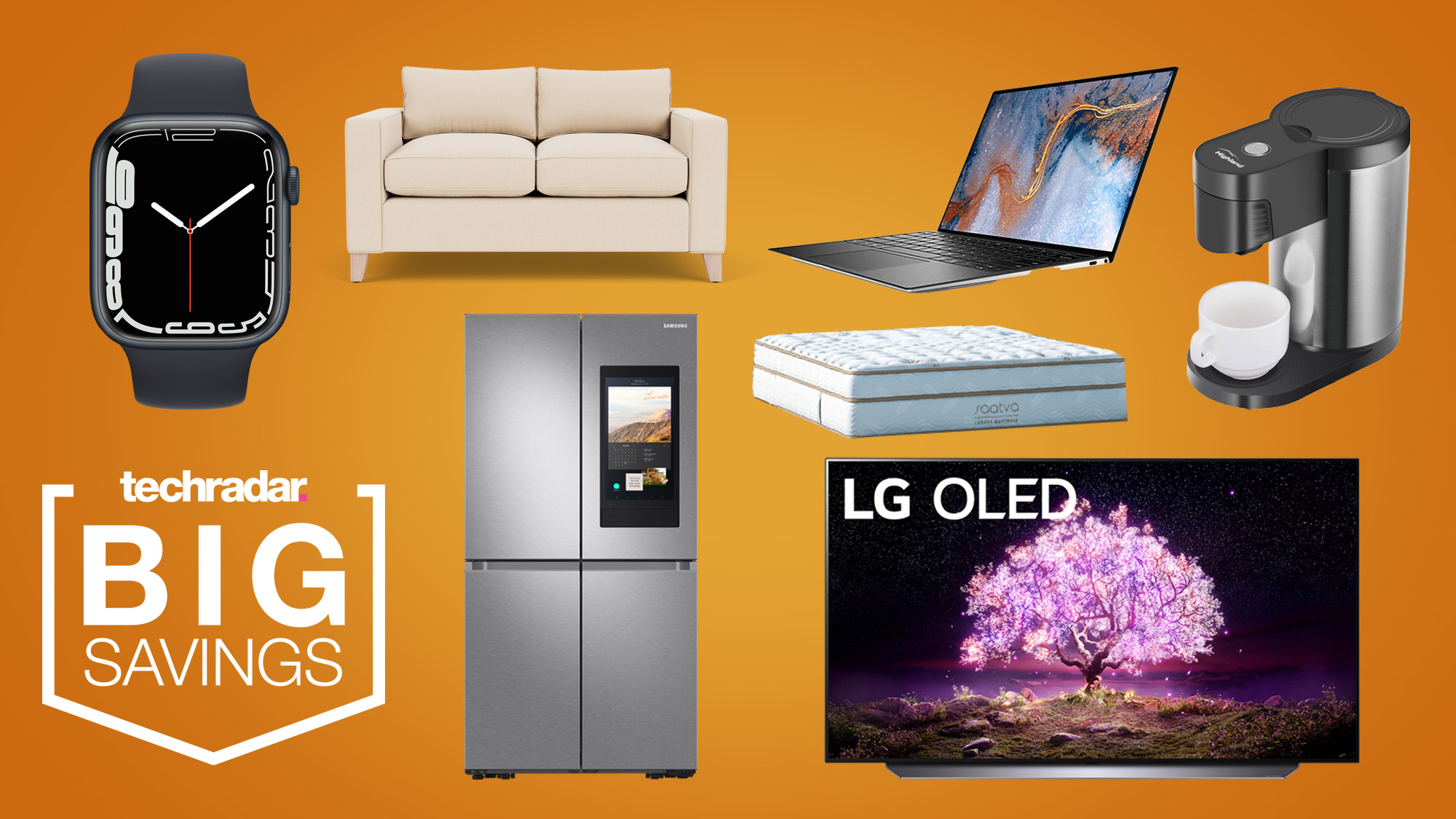 Presidents Day sales header with various tech products on an orange background