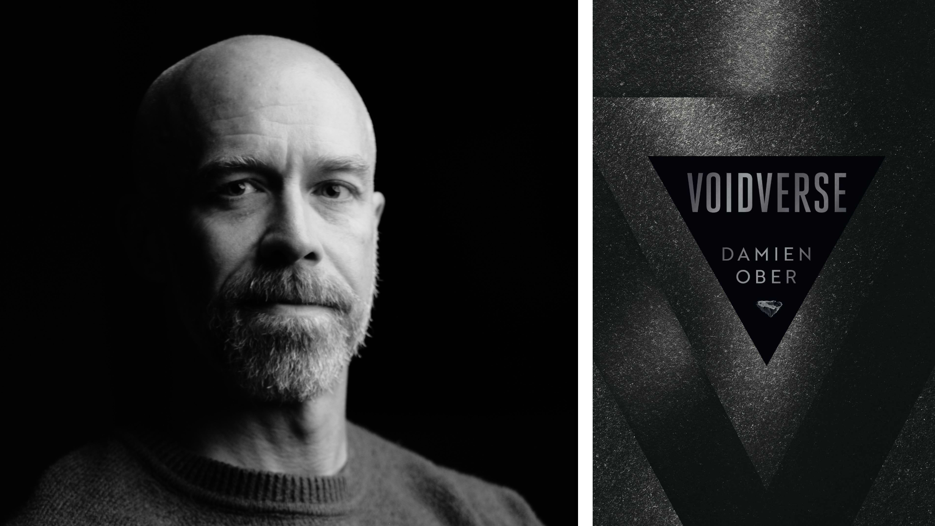 An author's black and white profile picture beside a black and silver slice of a sci-fi book cover