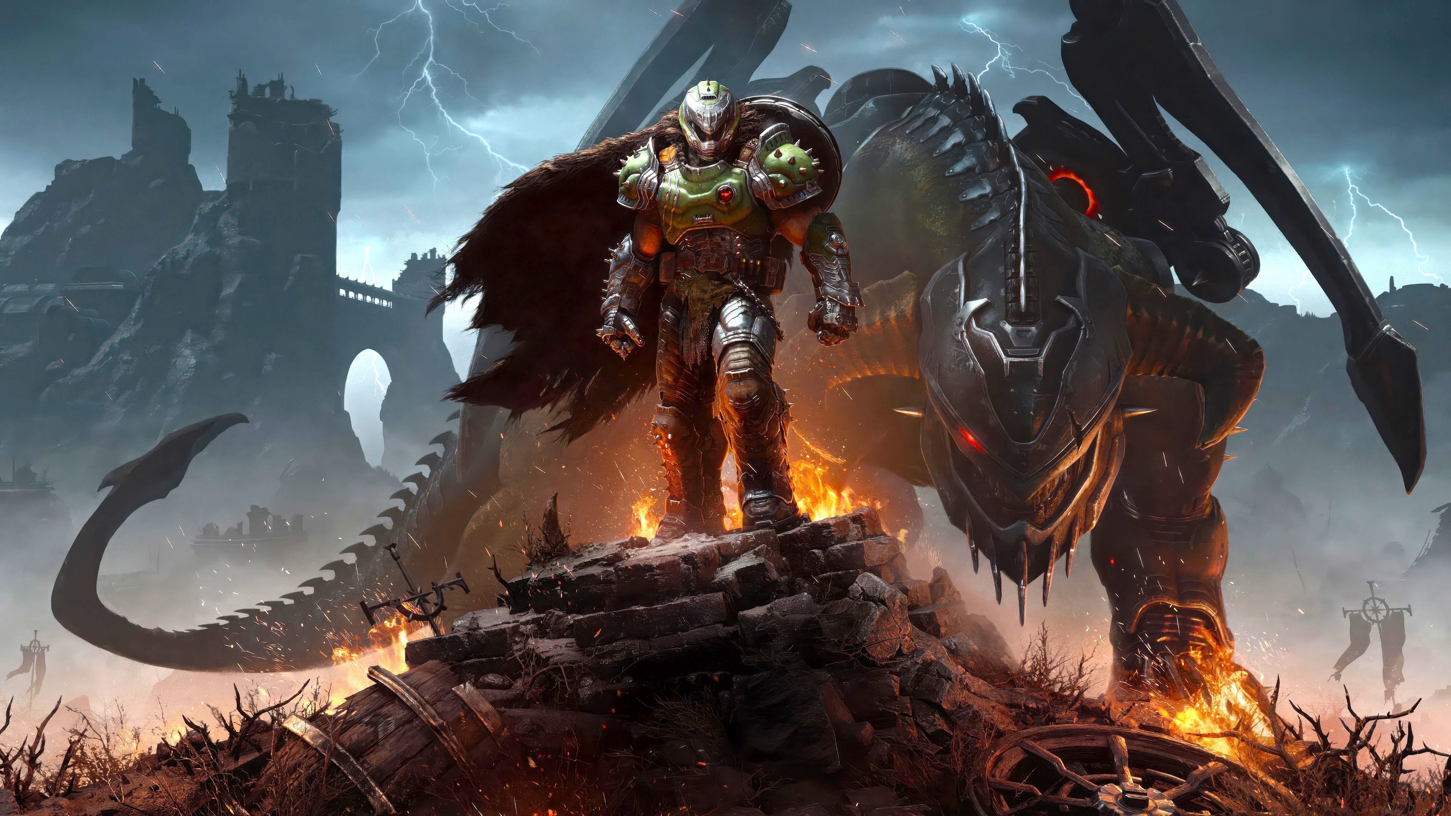 An official promotional artwork for DOOM: The Dark Ages featuring the Doom Slayer and his rideable dragon companion Serrat.