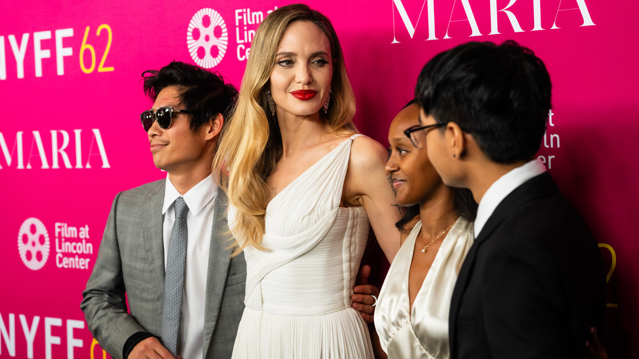 Pax Thien Jolie-Pitt, Angelina Jolie, Zahara Marley Jolie and Maddox Chivan Jolie-Pitt attend the &quot;Maria&quot; Premiere during the 62nd New York Film Festival at Alice Tully Hall on September 29, 2024 in New York City.