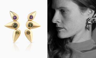Cora Sheibani, Left, Butterfly earrings with tourmaline, garnets and Cat’s Eye Chrysoberyl