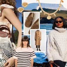 collage of net bags, boat shoes, breton shirt, duffle coat, shell jewelry, and cable knit sweater