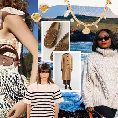 collage of net bags, boat shoes, breton shirt, duffle coat, shell jewelry, and cable knit sweater