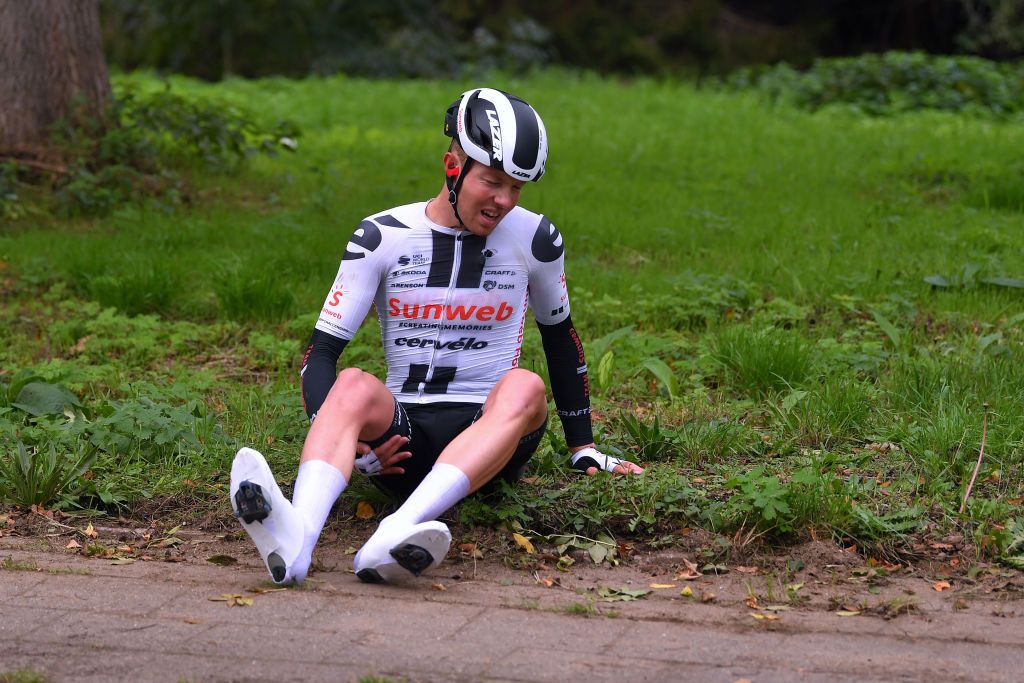 SCHOTEN BELGIUM OCTOBER 14 Casper Phillip Pedersen of Denmark and Team Sunweb Crash during the 108th Scheldeprijs 2020 a 1733km stage from Schoten to Schoten Scheldeprijs FlandersClassic SP20 on October 14 2020 in Schoten Belgium Photo by Luc ClaessenGetty Images