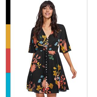 MILUMIA WOMEN'S BOHO BUTTON UP SPLIT FLORAL PRINT FLOWY PARTY DRESS