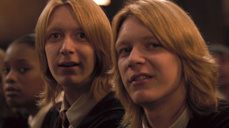 James and Oliver Phelps as the Weasley twins closeup in Harry Potter and the Goblet of Fire