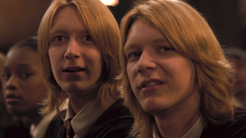James and Oliver Phelps as the Weasley twins closeup in Harry Potter and the Goblet of Fire