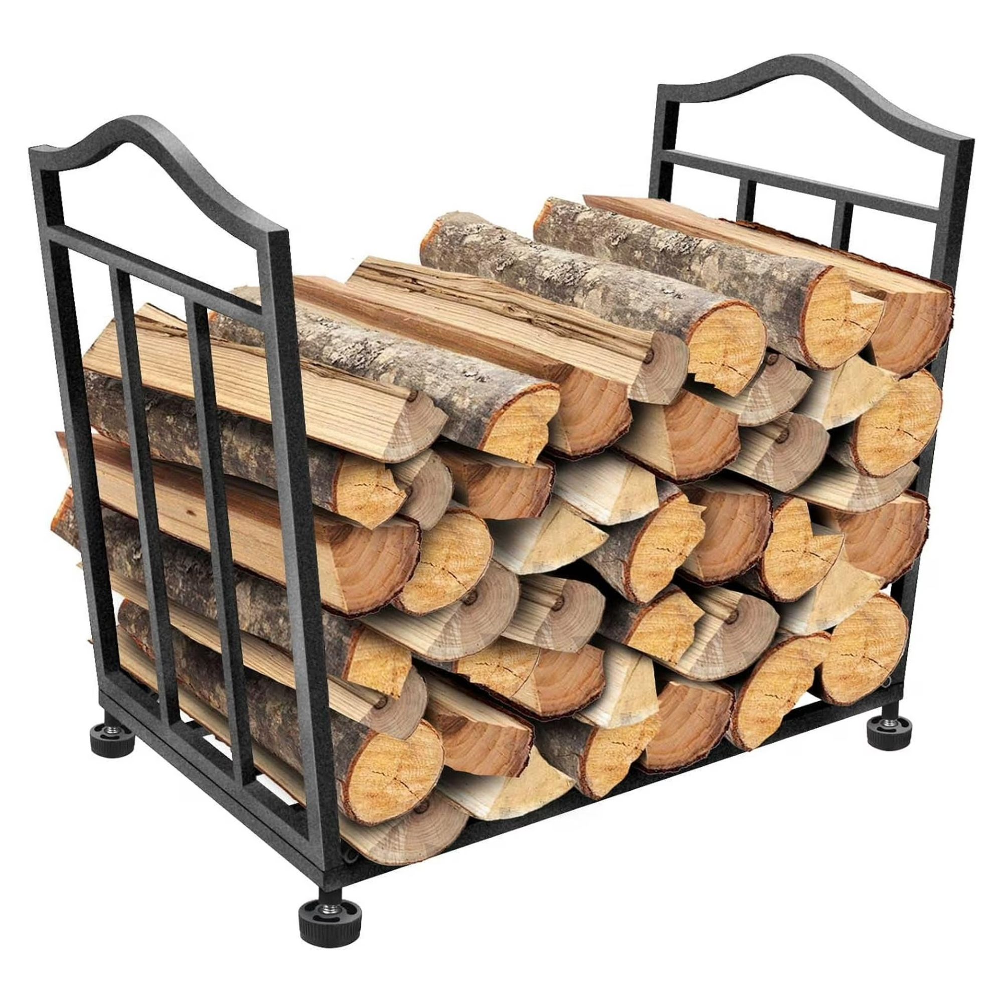 Black firewood rack filled with logs