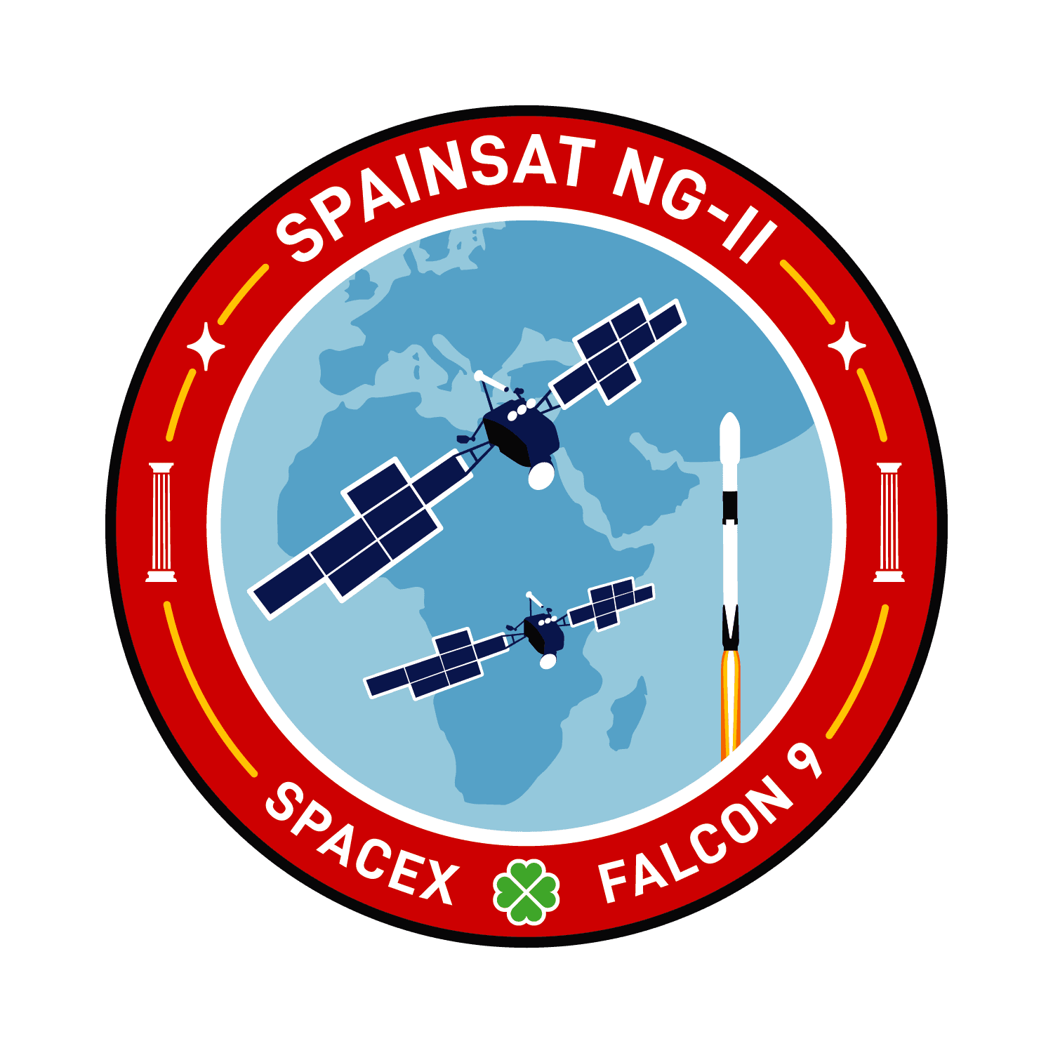 A red circle with white letters at top and bottom. Inside, two satellites over africa next to a white rocket.