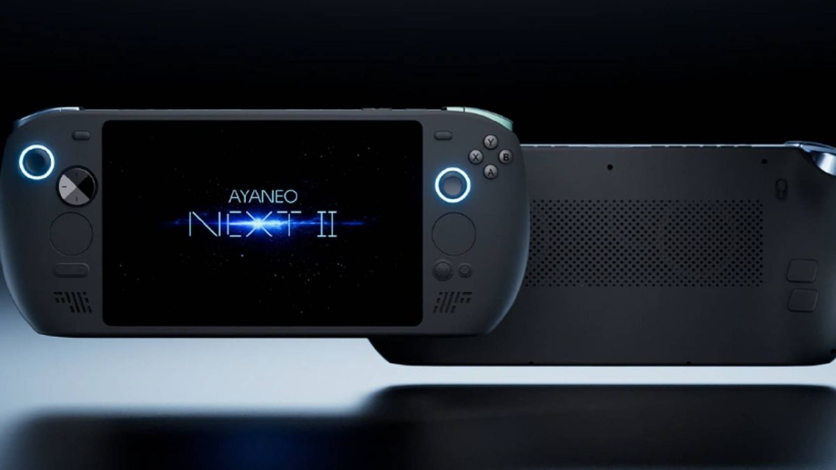 Back and front view of black Ayaneo Next 2 handheld with dark backdrop.
