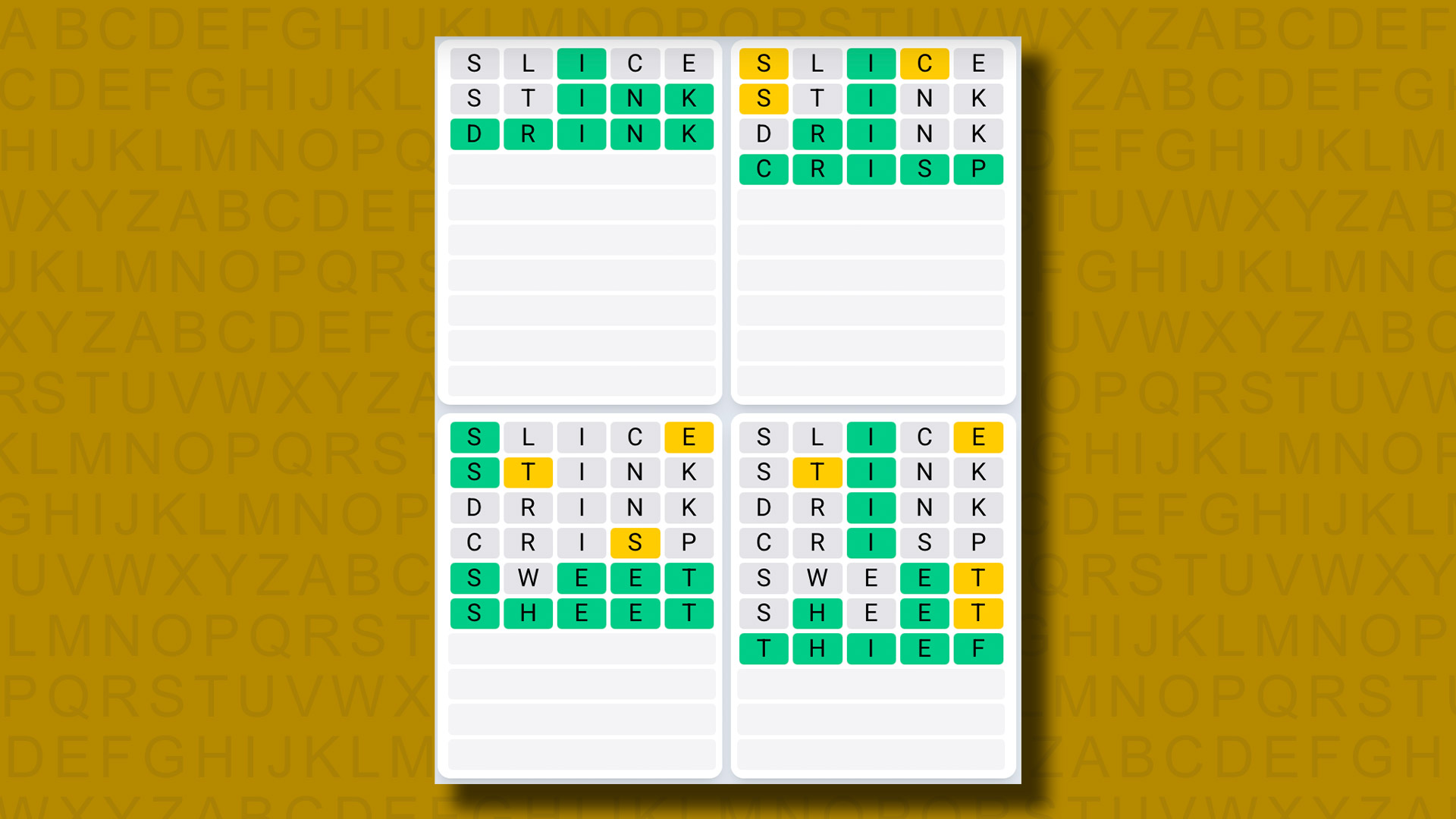Quordle Daily Sequence answers for game 1208 on a yellow background