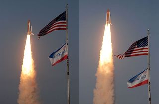 Space shuttle Discovery flies past its flag at Kennedy Space Center's Press Site in Cape Canaveral, Fla., on its final liftoff to space on Feb. 24, 2011 during NASA's STS-133 mission to the International Space Station.
