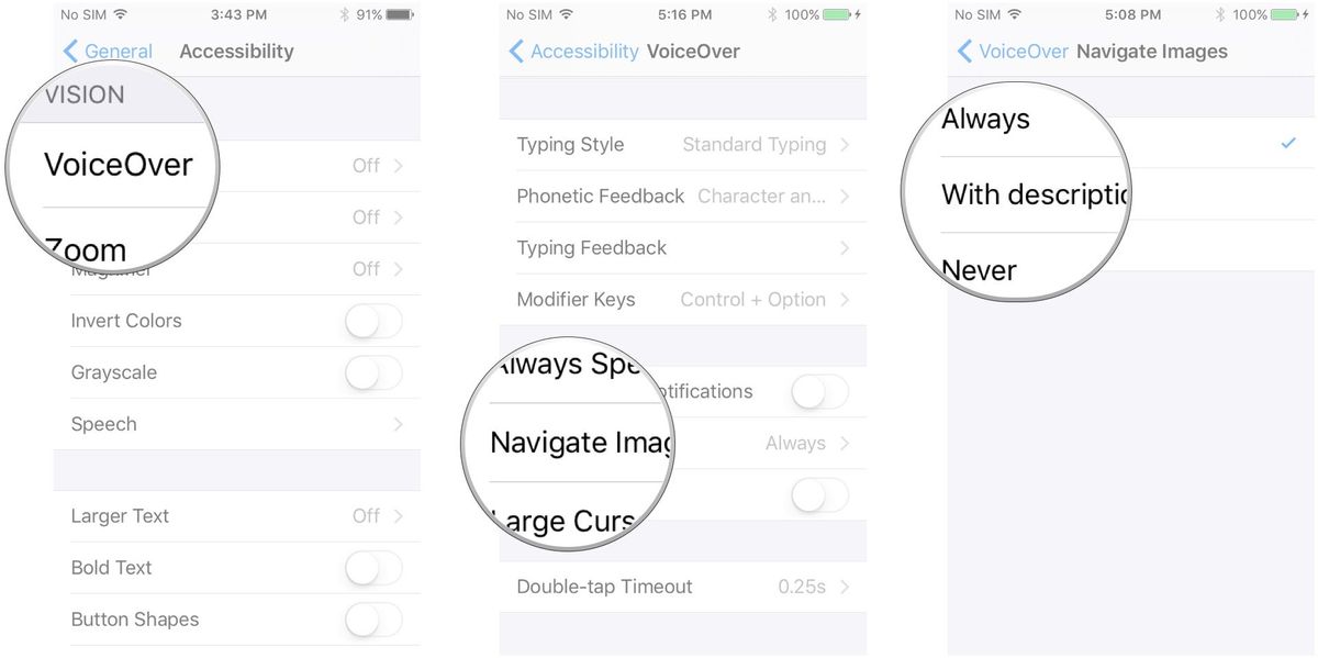 Tap VoiceOver, tap Navigate Images, tap an option