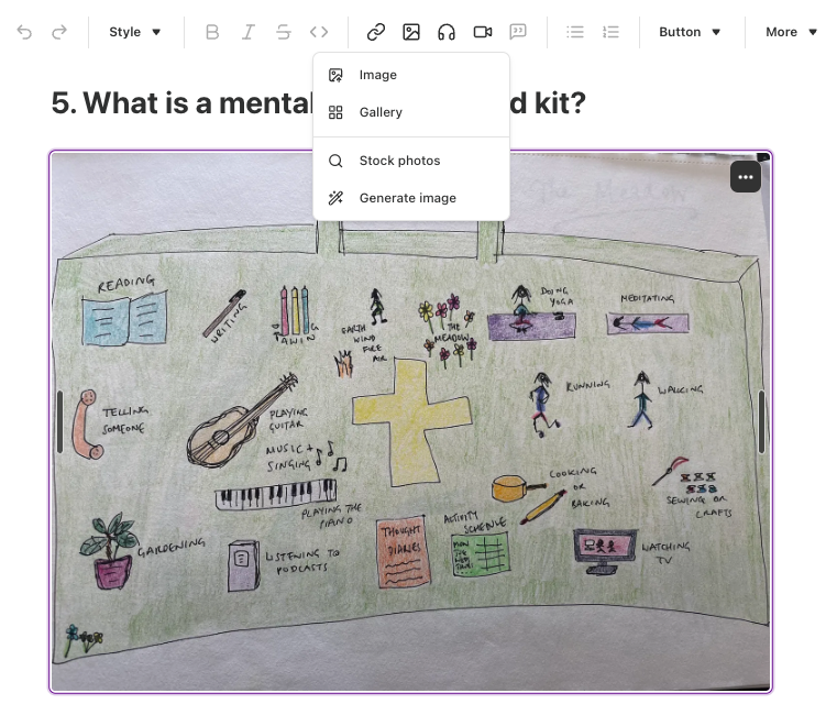 Substack dashboard of a mental health first aid kit illustration, with options for inserting image