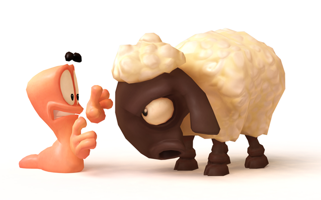 A worm shies away from an aggressive-looking sheep.