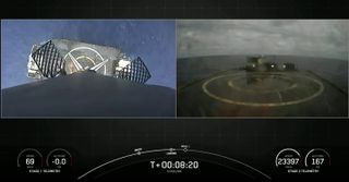 The first stage of a SpaceX Falcon 9 rocket comes down for a landing on the droneship Just Read The Instructions on April 21, 2022. It was the 12th touchdown for this booster.