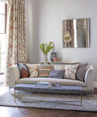 Gray printed sofa in traditional living room