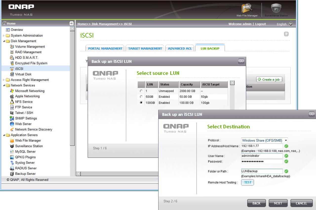 Along with iSCSI thin provisioning, QNap has added a useful facility for backing up selected LUNs to a remote location.