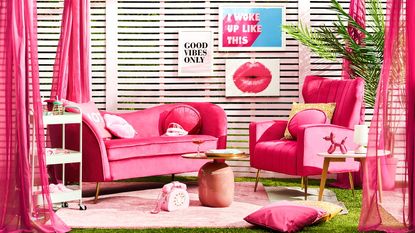 pink barbiecore garden party with pergola and pink sofa and armchair