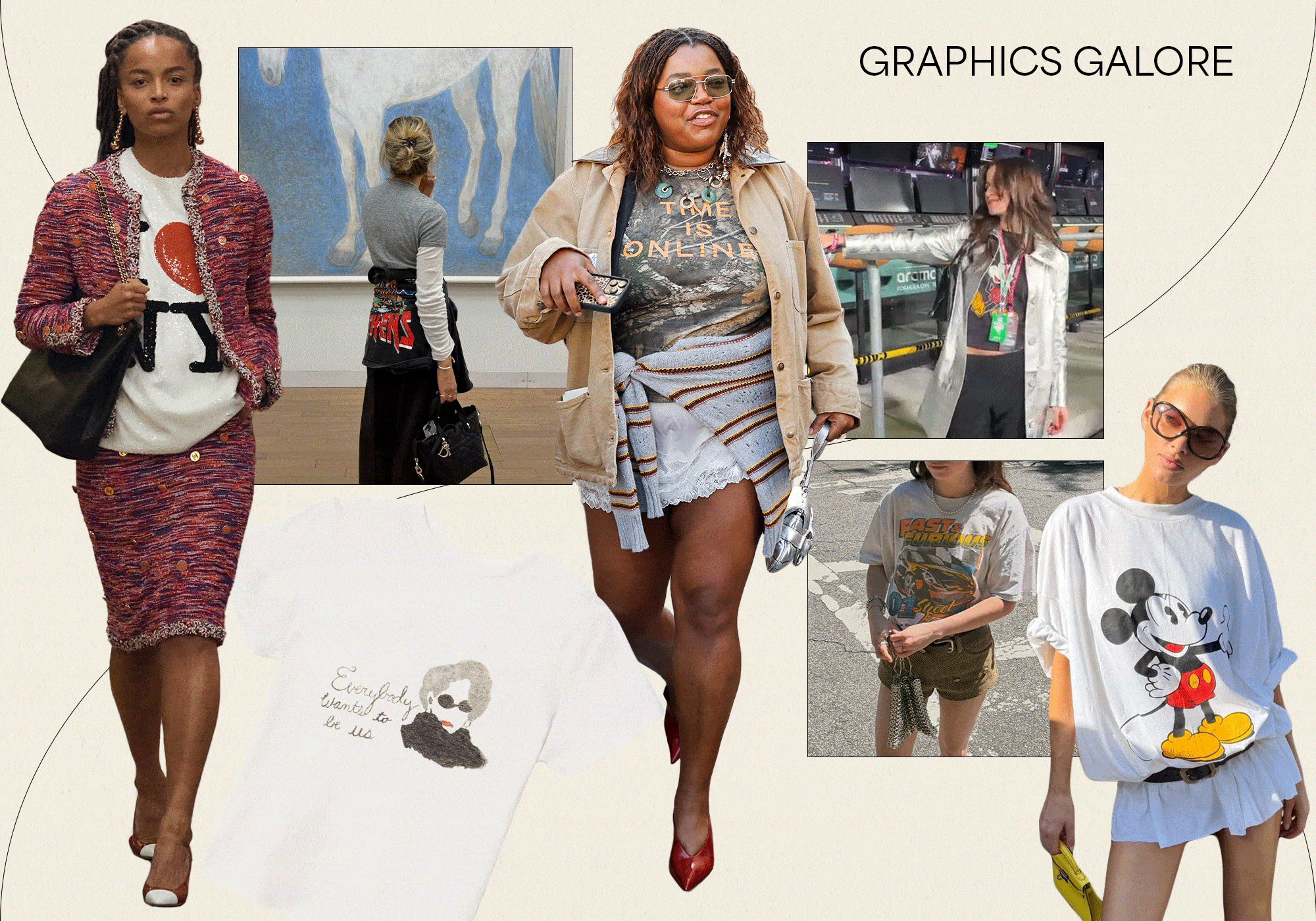 A collage featuring the graphic T-shirt summer 2026 fashion trend with runway, Instagram, and product imagery and gifs.