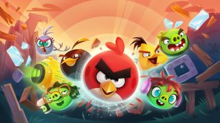 Key art for Angry Birds reloaded showing birds flying towards the screen.