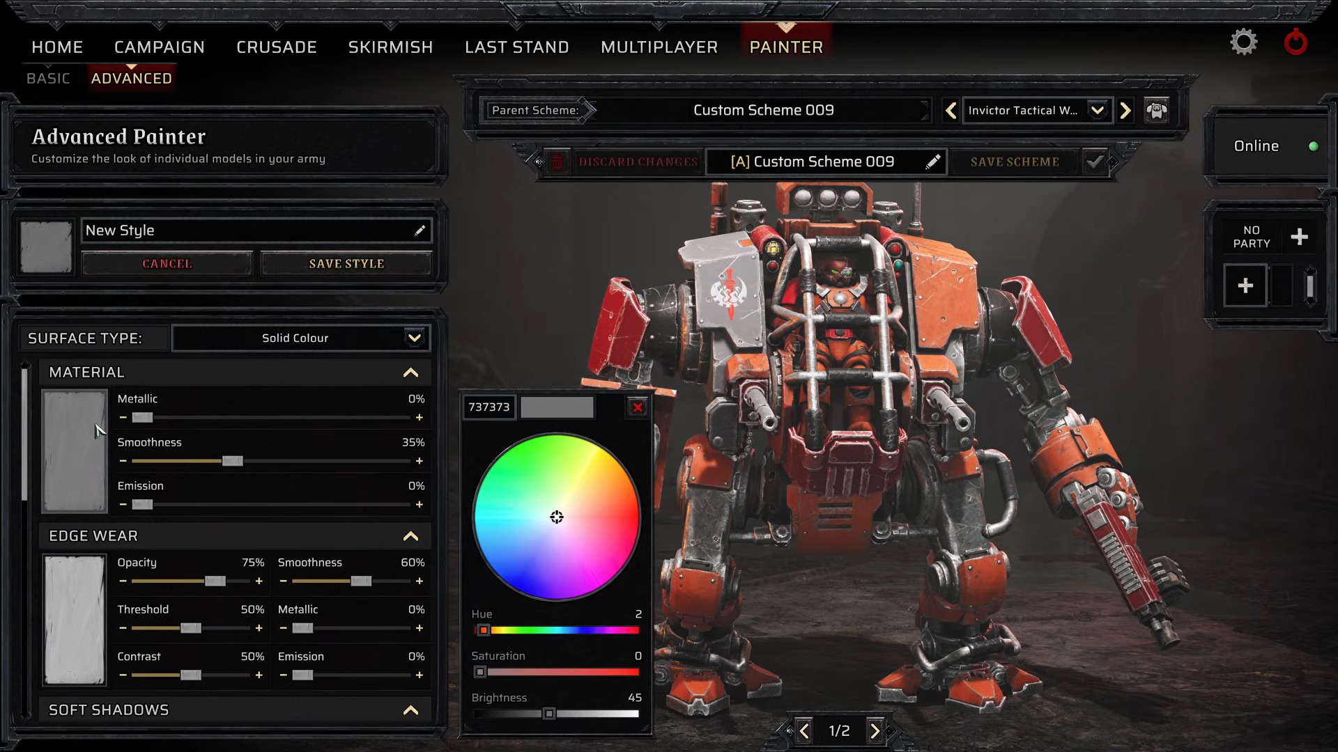 A bulky orange-and-gray combat mech stands in a dark workshop as a color wheel and Advanced Painter controls show its customization options.