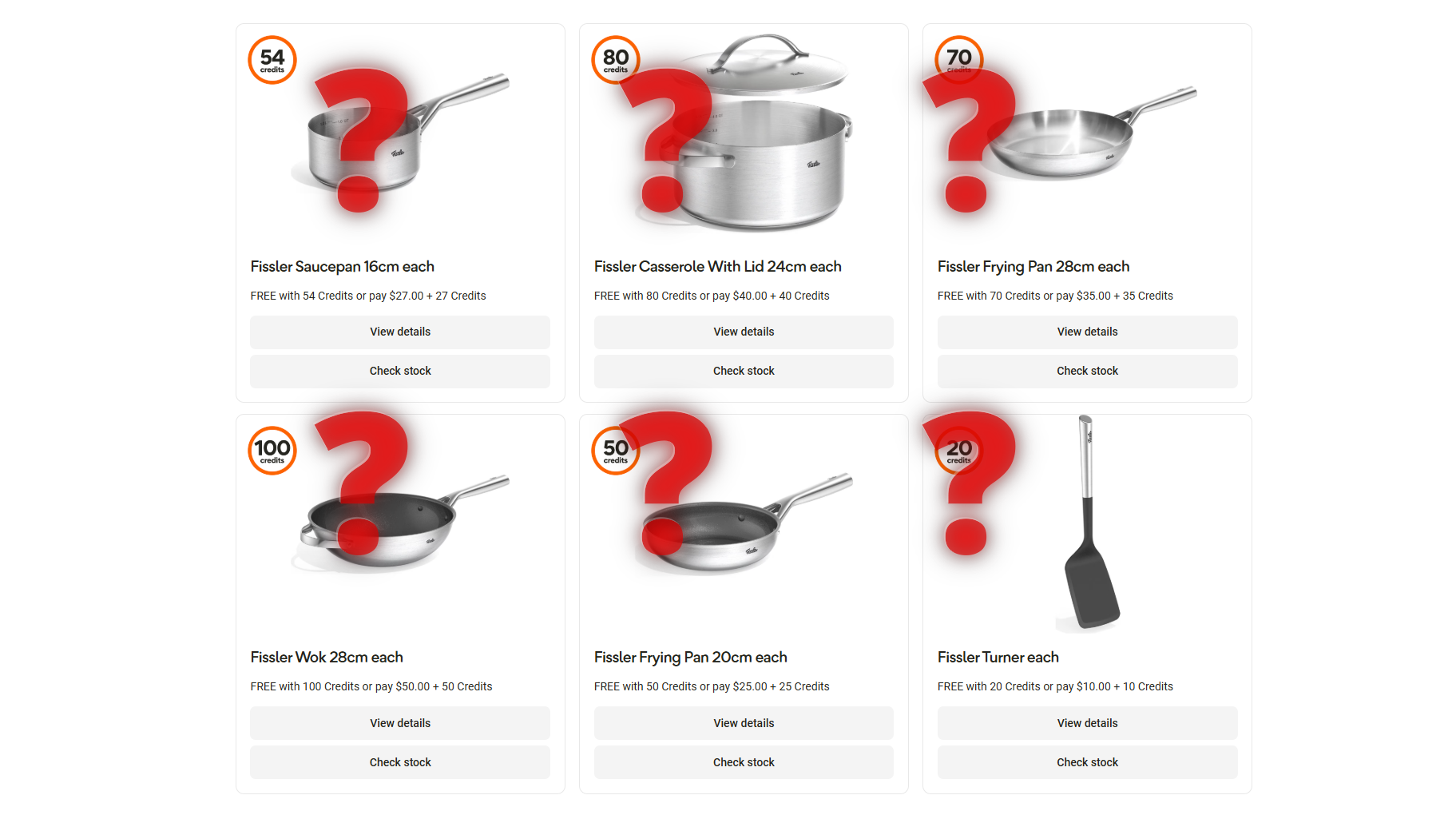 Woolworths Cookware Credits Promotion products with question marks