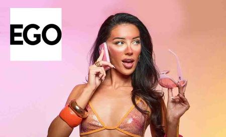 ego logo top left with a model posing against gradient background