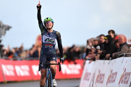 COL DU VAM, NETHERLANDS - OCTOBER 17: Letizia Borghesi of Italy and Team AG Insurance - Soudal Team celebrates at finish line as stage winner during the 28th Eneco Tour Women 2026, Stage 4 a 114.3km stage from Hoogeveen to Col du VAM on October 17, 2026 in Col du VAM, Netherlands. (Photo by Luc Claessen/Getty Images)