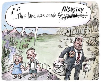 Political cartoon U.S. Endangered species act destruction oil industry