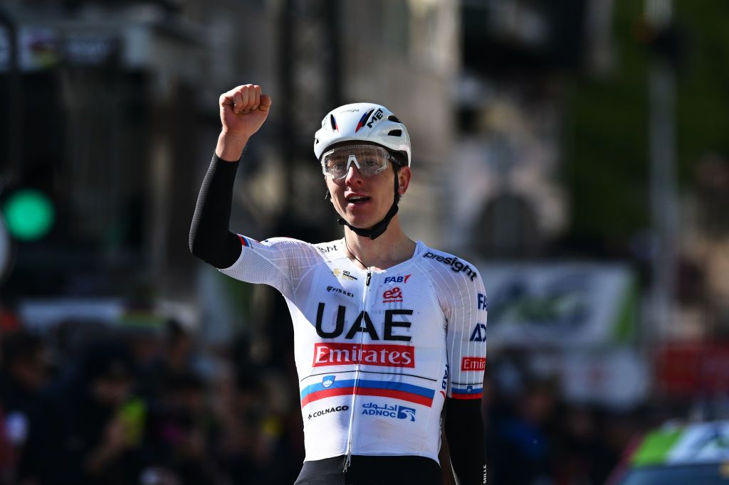 LIEGE BELGIUM APRIL 24 Tadej Pogacar of Slovenia and UAE Team Emirates celebrates at finish line as race winner during the 110th Liege Bastogne Liege 2024 Mens Elite a 2545km one day race from Liege to UCIWT on April 24 2024 in Liege Belgium Photo by Dario BelingheriGetty Images