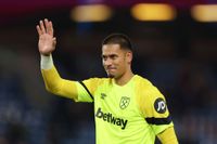 Alphonse Areola of West Ham United waves to fans during the Premier League match between Burnley FC and West Ham United at Turf Moor on November 25, 2023 in Burnley, England.