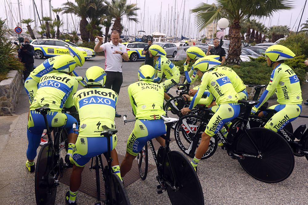 Tinkoff-Saxo team huddle before previewing the Giro d'Italia team time trial course