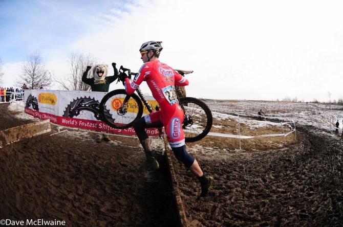 Yanick Eckmann (California Giant Berry/Specialized) running barriers at the end of his first lap