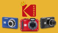A selection of Kodak cameras, against a yellow background, with the red Kodak logo wearing a miniature crown