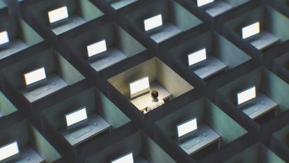 A surreal, CGI image showing a single worker in cubicle surrounded by many empty cubicles, to represent loneliness in business. The scene is shot from an isometric perspective.