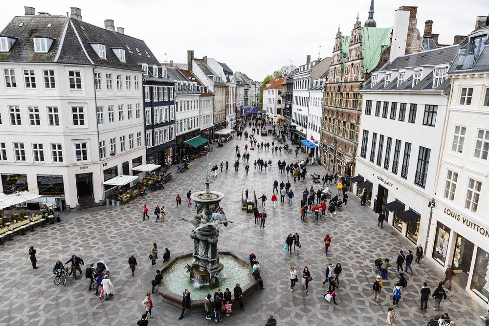 Looking down Stroget, the main shopping street in Copenhagen.