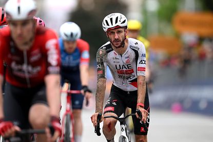 VELIKO TARNOVO, BULGARIA - MAY 09: Adam Yates of Great Britain and UAE Team Emirates - XRG injured crosses the finish line during the 109th Giro d'Italia 2026, Stage 2 a 221km stage from Burgas to Veliko Tarnovo / #UCIWT / on May 09, 2026 in Veliko Tarnovo, Bulgaria. (Photo by Dario Belingheri/Getty Images)