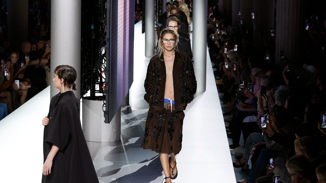 Gigi Hadid walks the runway during Miu Miu&#039;s Womenswear Spring/Summer 2024 show in October 2023.