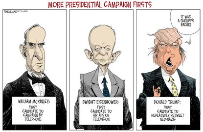Political cartoon U.S. presidential firsts Donald Trump retweeting