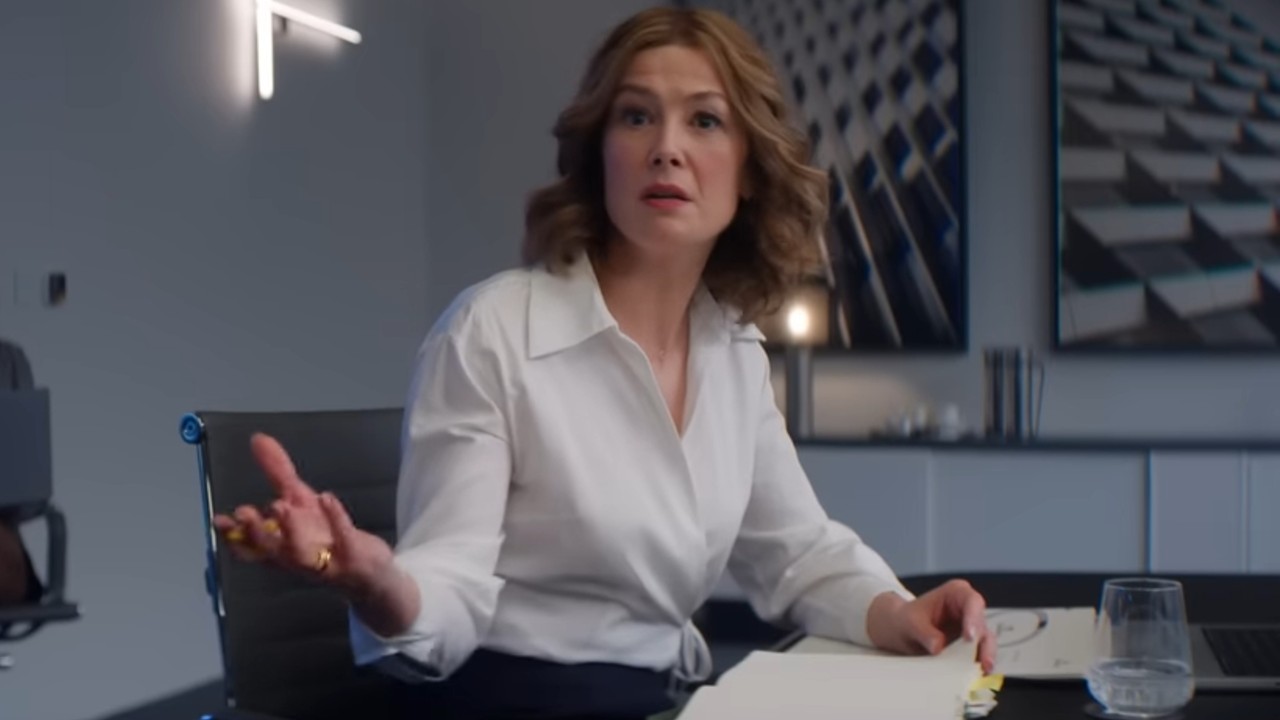 Rosamund Pike looking bewildered in Ladies First.