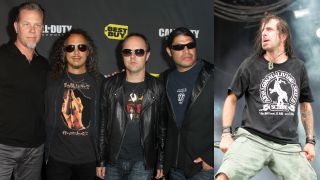 Metallica on a red carpet next to Randy Blythe on stage