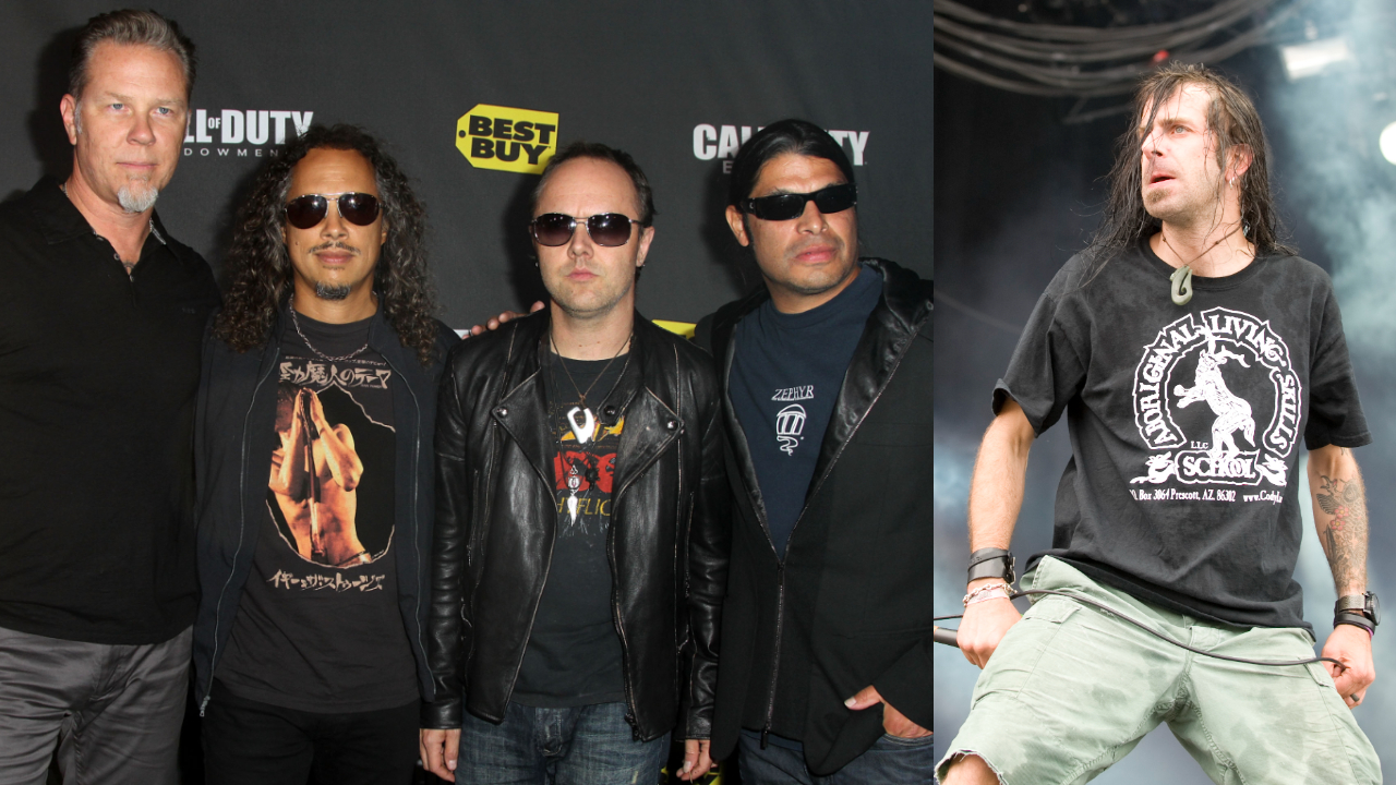 Metallica on a red carpet next to Randy Blythe on stage