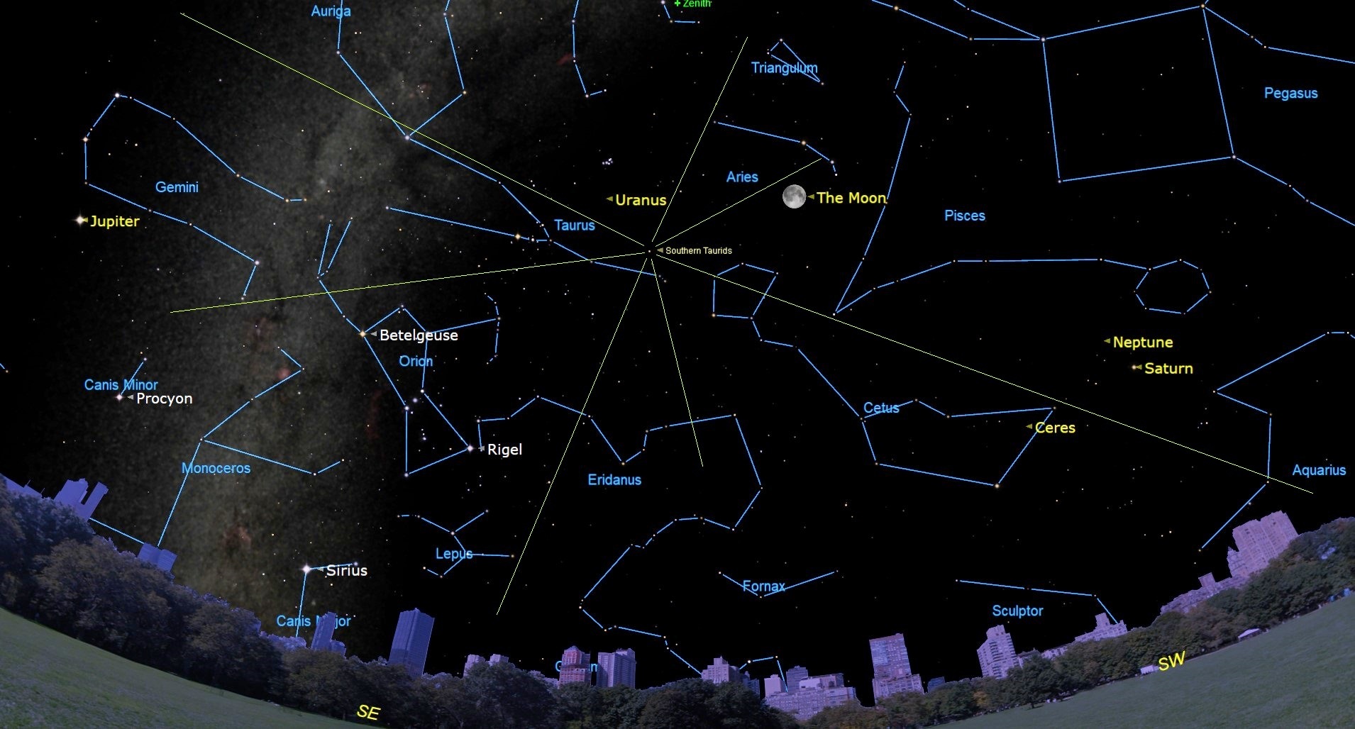 A star map of the night sky, with labeled stars like Betelgeuse and Ceres with the moon near the center of the image and a streak of clouds near the left as the Milky Way galaxy.
