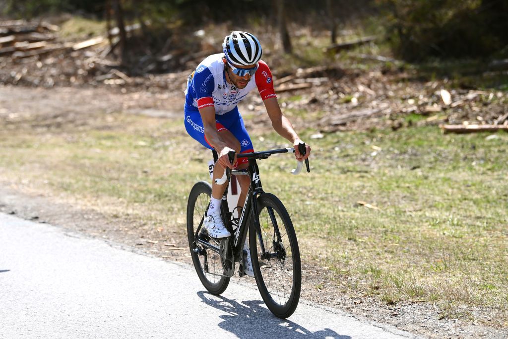 LIENZ AUSTRIA APRIL 21 Thibaut Pinot of France and Team Groupama FDJ attacks in the breakaway during the 45th Tour of the Alps 2022 Stage 4 a 1424km stage from Villabassa to Kals am Grossglockner 1336m TouroftheAlps on April 21 2022 in Lienz Austria Photo by Tim de WaeleGetty Images